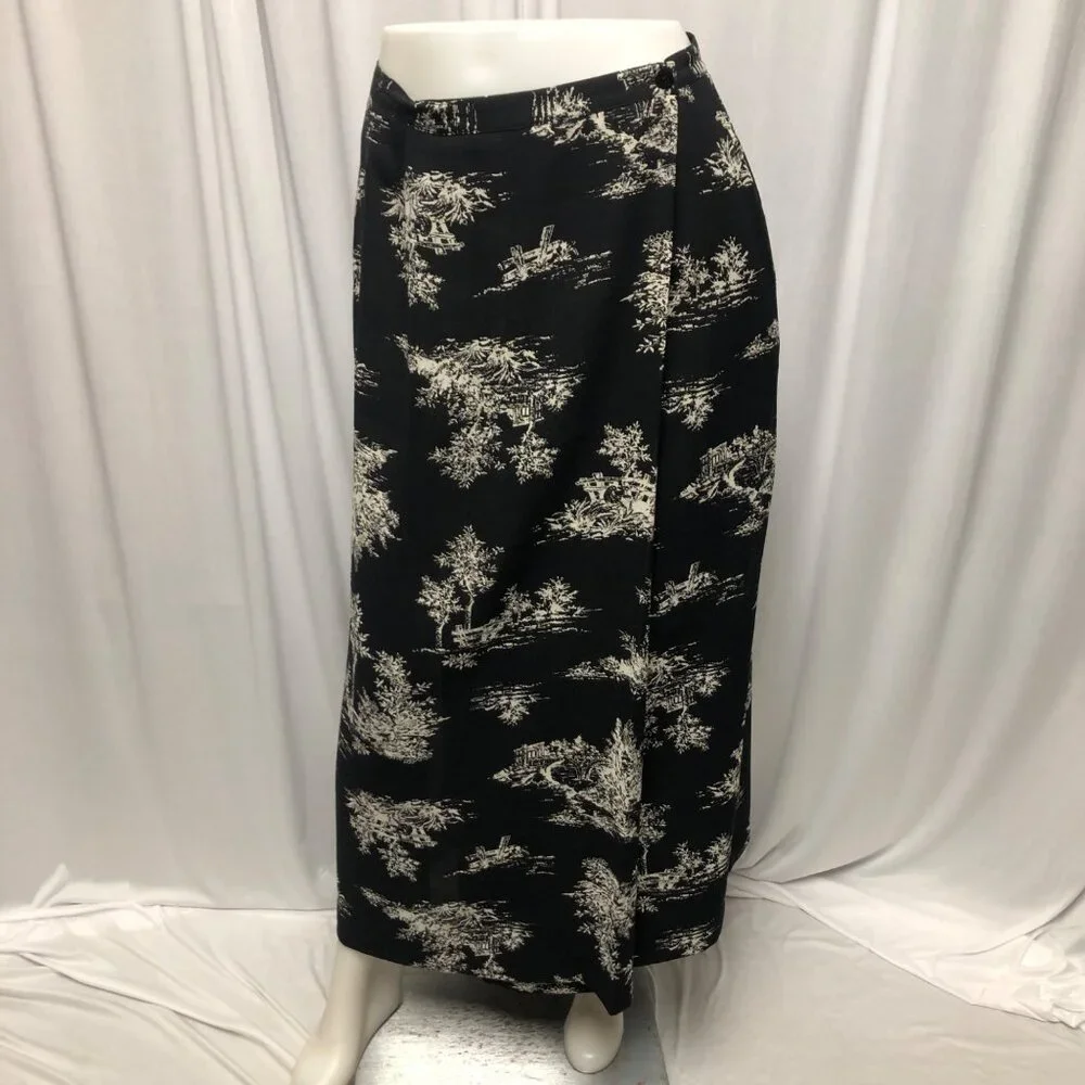 Villager Liz Claiborne Maxi Skirt Womens Size 12 Black Ivory Lined Faux Wrap